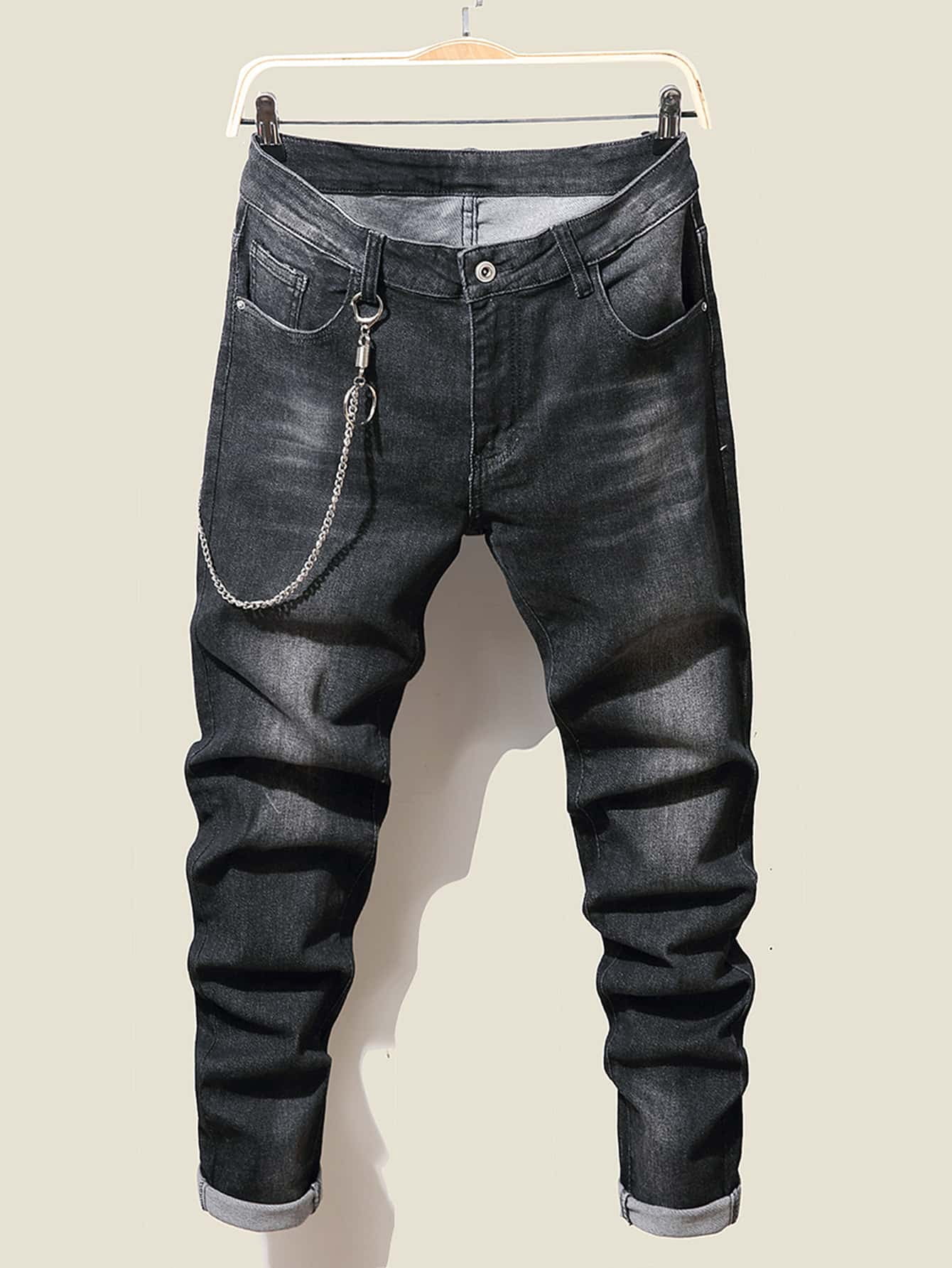 Men Slant Pocket Jeans With Chain 2022 