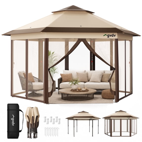 GVDV 12x12 Pop Up Canopy Tent Gazebo, Screen Tent with Mesh Netting, Outdoor Gazebo Shelter with Carrying Bag for Camping, Backyard, Patio and Lawn, Brown