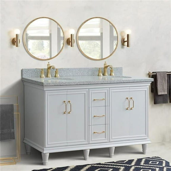 61 in. Double Oval Sink Vanity with Granite Top, White & Gray