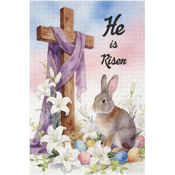 He is Risen Bunny with Easter Eggs and Crosses 500 Piece Puzzle for Adults – Christian Easter Scene, Indoor Family Entertainment, Finished Size 20.5 x 15 in