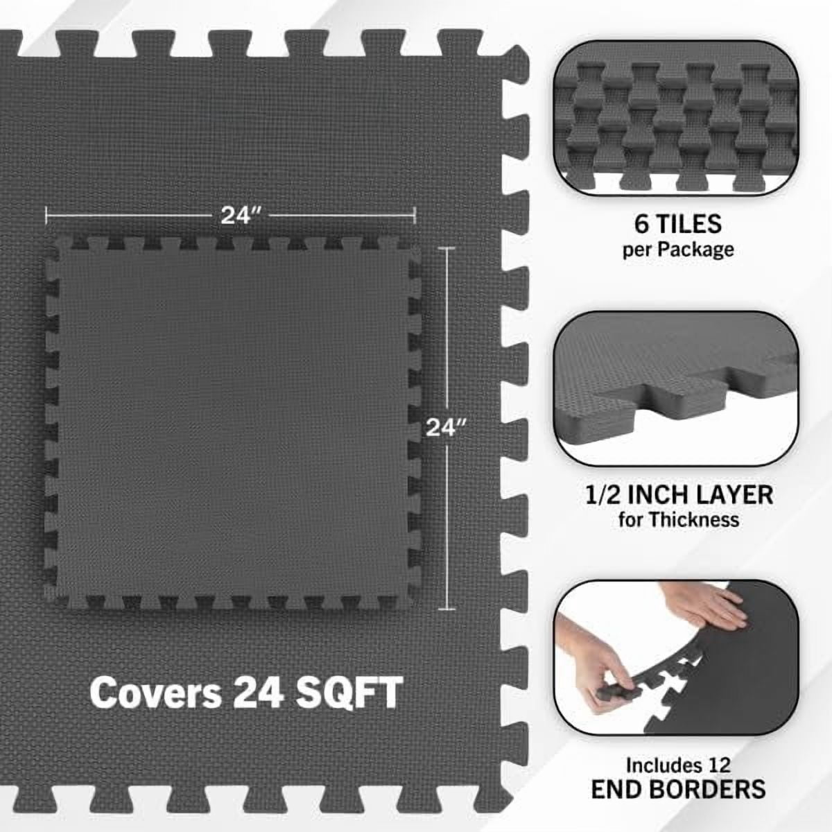 Foam Mat Floor Tiles, Interlocking EVA Foam Padding Soft Flooring for Exercising, Yoga, Camping, Kids, Babies, Playroom – 6 Pack, Gray, 24" X 24" X 0.5"