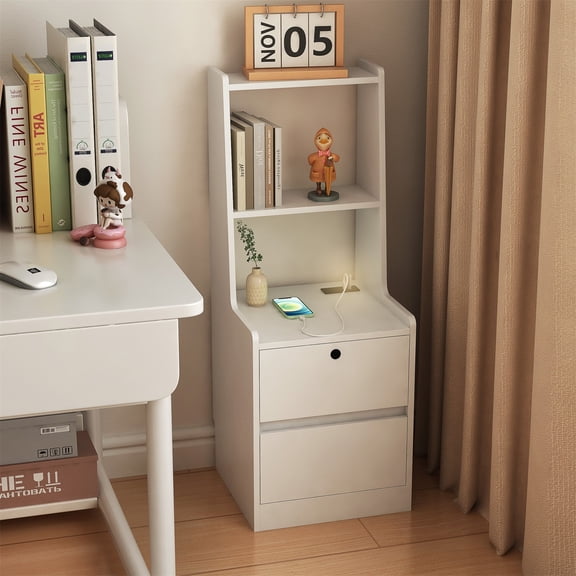 Hommoo Nihgthstand with 2 Drawers and Bookshelf, Modern Bedside Table with Night Light and Charging Station, White