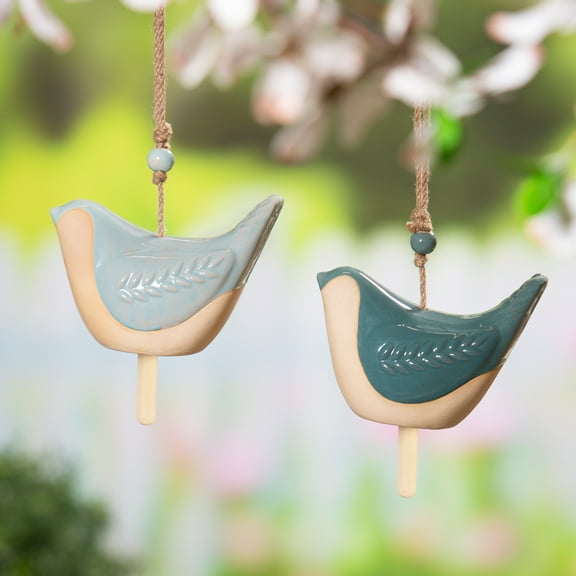 Ceramic Blue Bird Garden Bell, Asst of 2