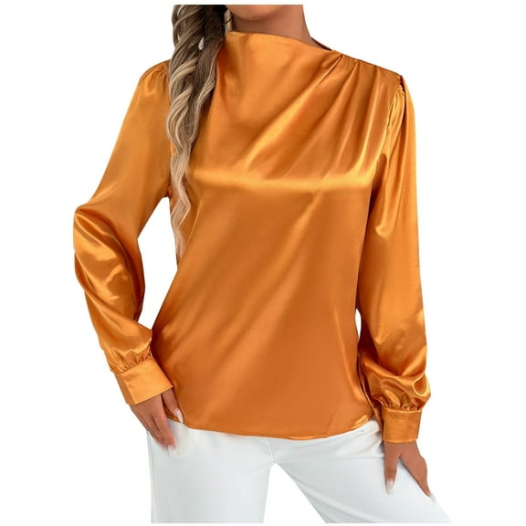UYISJ Womens Dressy Business Casual Blouse Pleated Long Sleeve Tops Satin Silk Work Shirt Fall Outfits Orange XL