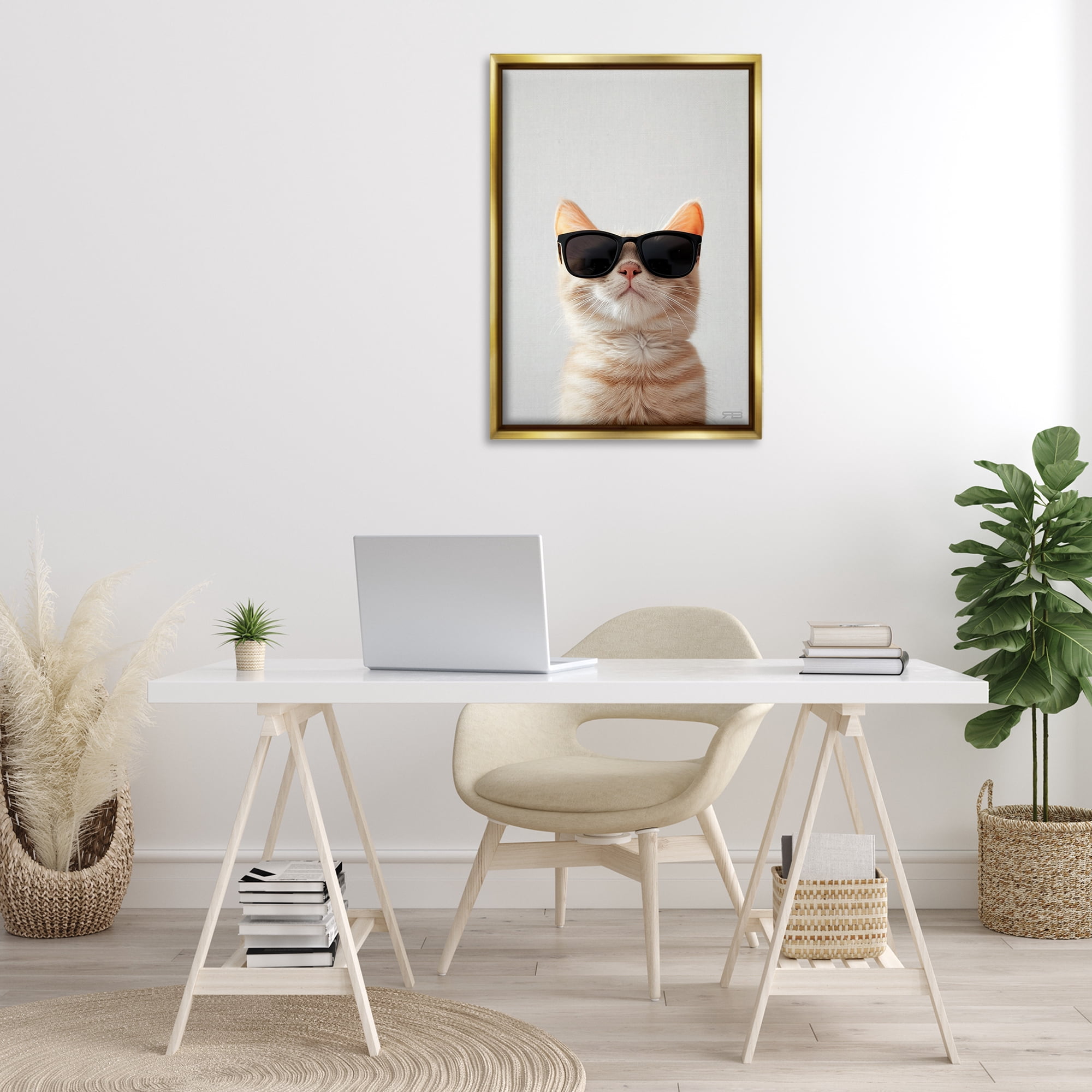 Stupell Industries Cool Sunglasses Cat Animals & Insects Painting Gold Floater Framed Canvas Art Print Wall Art, 21 x 31
