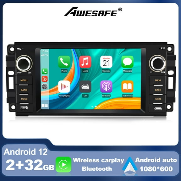 Awesafe Wireless Carplay Android 12 Car Radio Stereo for Jeep Wrangler JK Grand Cherokee Chrysler Dodge Replacement 2G 32GB