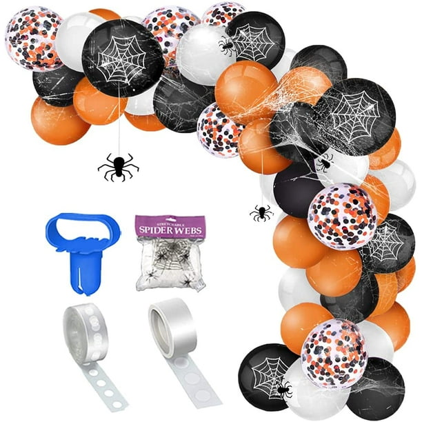 Kit de guirnalda de globos de decoración de Halloween, 109 unidades, globos de confeti naranja, negro y blanco con tela de araña, suministros de decoración de fiesta de Halloween para exteriores, interiores, hogar, jardín, patio, decoración de Halloween Zhivalor HMYH621