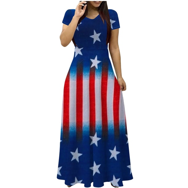 Vestidos de Verano de Manga Corta para Mujer Día de la Independencia Impreso Cuello Redondo Vestido Largo con Bolsillo, Poliéster Desgaste Casual, Lavado de Manos