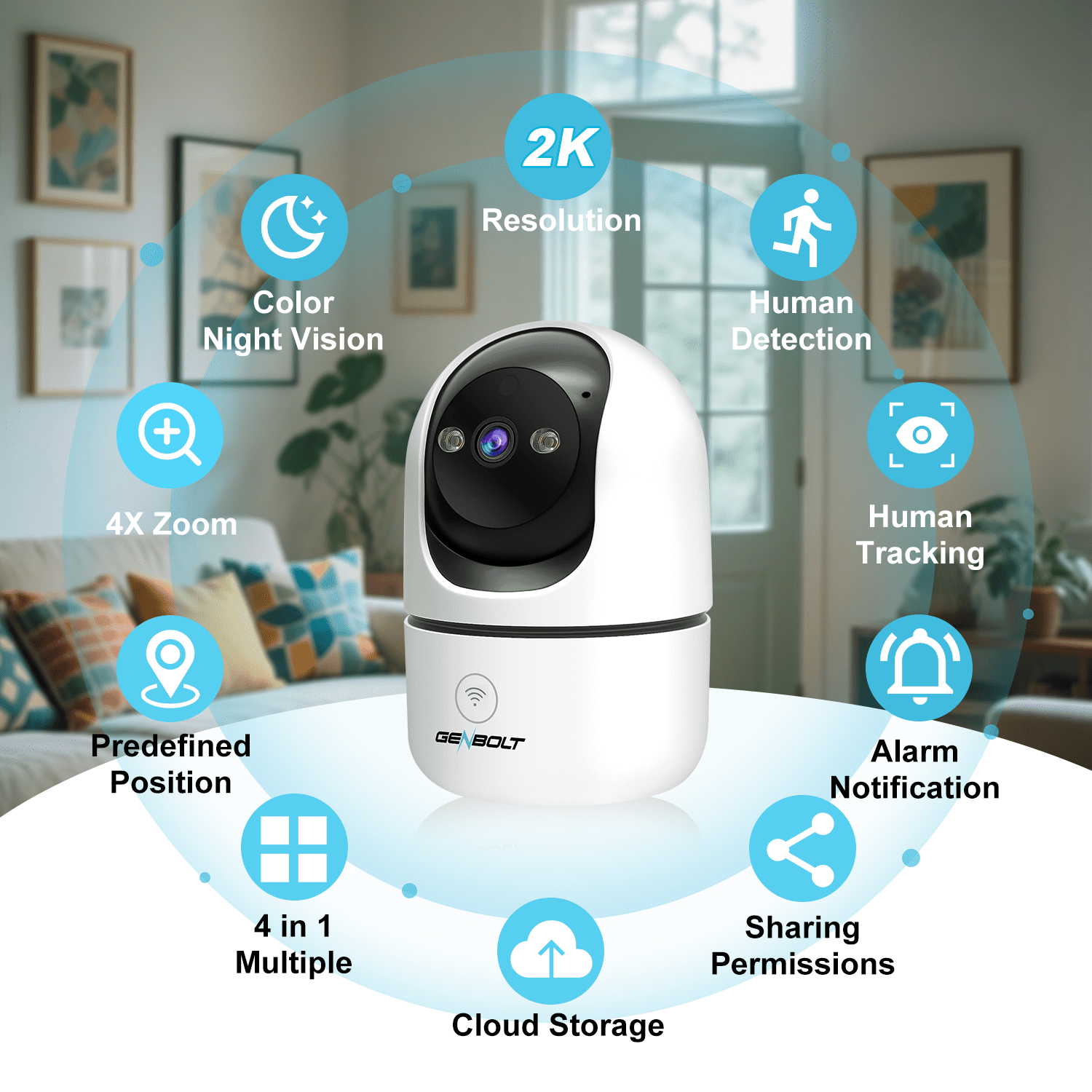 GENBOLT 2K Pet Camera, WiFi Security Camera Indoor,Home Surveillance IP Camera CCTV with Humanoid Detection, Auto Cruise Dog Cam with Audio Alarm