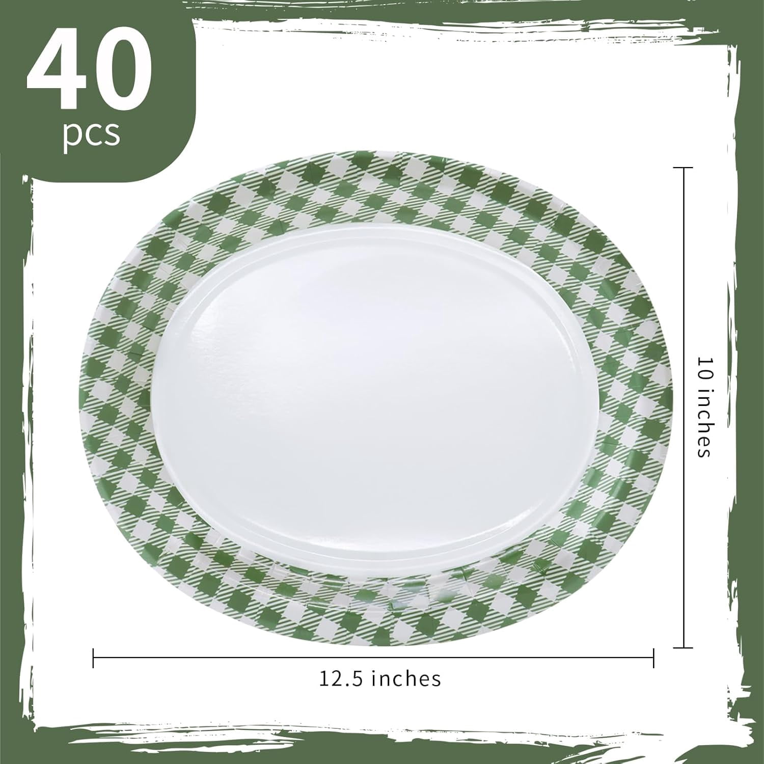 40Pcs Gingham Party Supplies 10"x12" Oval Green Paper Plates - Large Pastel Dinner Plates St Patrick’s Plates Heavy Duty for St Patrick’s Picnic Birthday Baby Shower