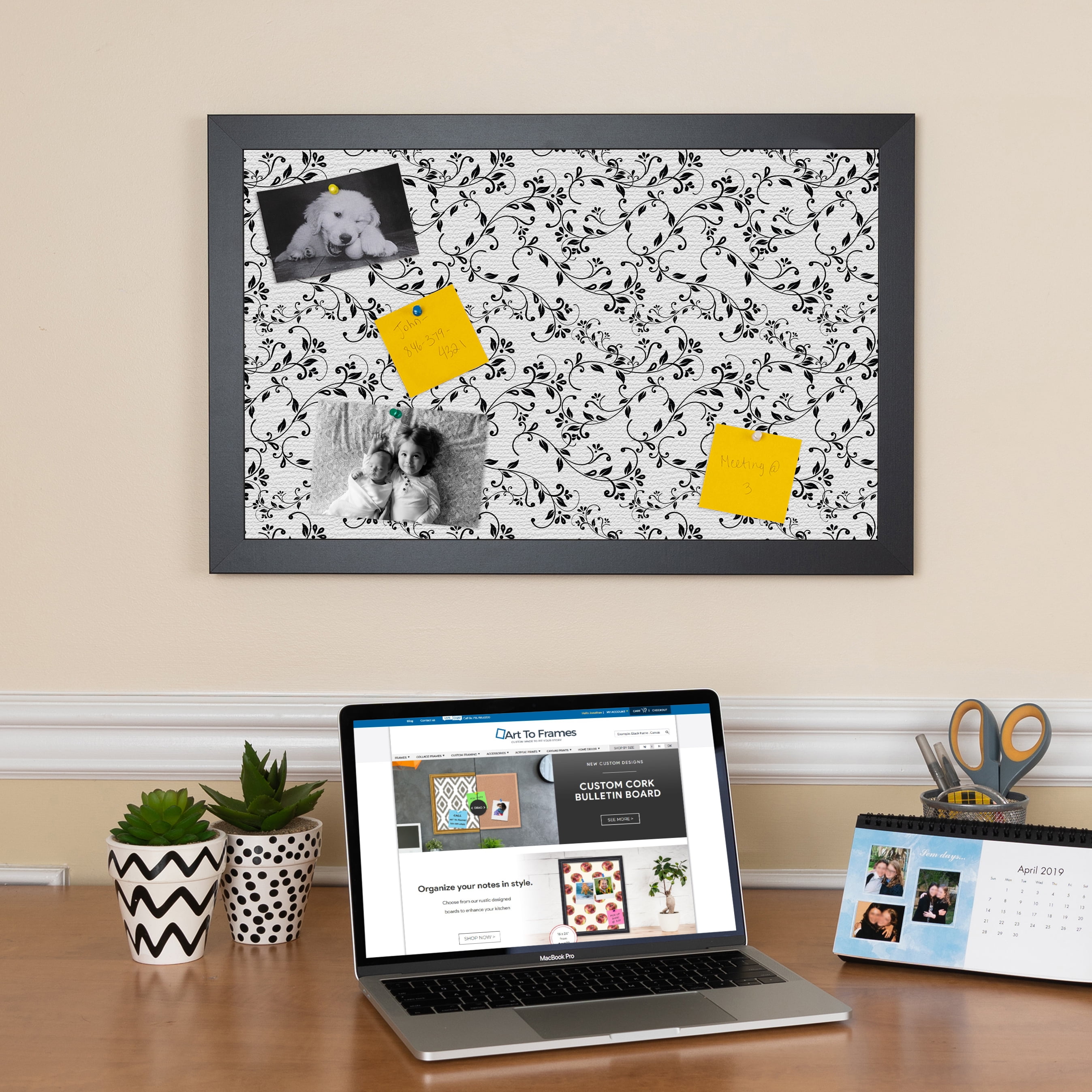 PinPix 24x24 Custom Cork Bulletin Board Black Flower - Leaf Poster Board Has a Fabric Style Canvas Finish, Framed in Black Flower - Leaf, by ArtToFrames (PinPix-178)