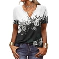 thumbnail image 1 of Mujer Verano Botón Cuello Camiseta Manga Corta Impreso Casual Suelto Jersey Top Negro L, 1 of 5