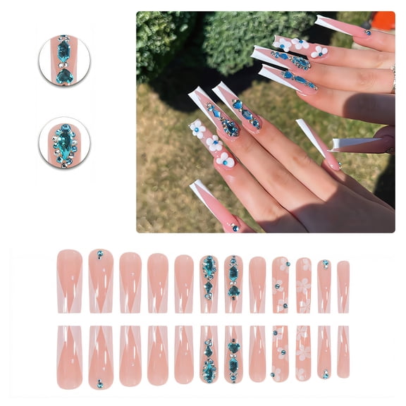 RAGUPEL 24Pcs Glue on Nails for Women,Diamond-Accented Square Nail Tips,3D Flower Cute Press on Nails,Long Press on Nails for Daily Life,Photo Shoots,Dating and Gatherings,Style2