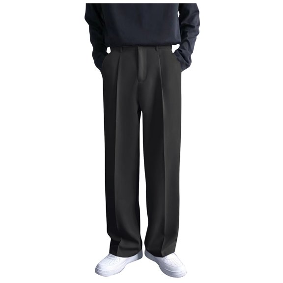 MGCWSH Men's Pleated Straight Wide Leg Suit Pants Business Pants with Pocket Button Zipper Fly Loose Trousers High Waisted Black 32