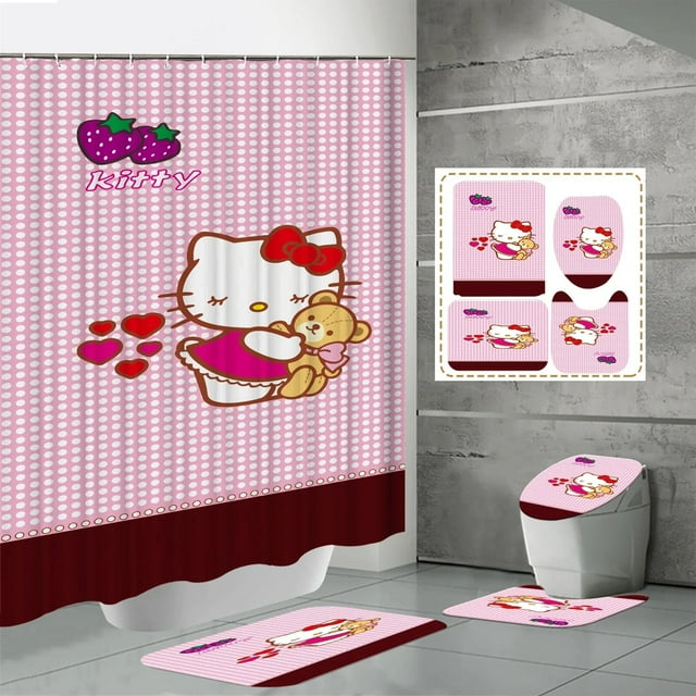 Rideau de Douche Kawaii Hello Kitty Ensemble Quatre Pièces Kit Anime Sanrio Impression Rideau de Douche Tapis Coussinet en U Imperméable Neuf LS