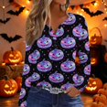 thumbnail image 2 of Women's Halloween T-Shirt Plus Size V-Neck 3/4 Sleeve Top, Witchy Print Halloween Blouse Fall Party and Casual Outfit 02-Dark Purple S, 2 of 5