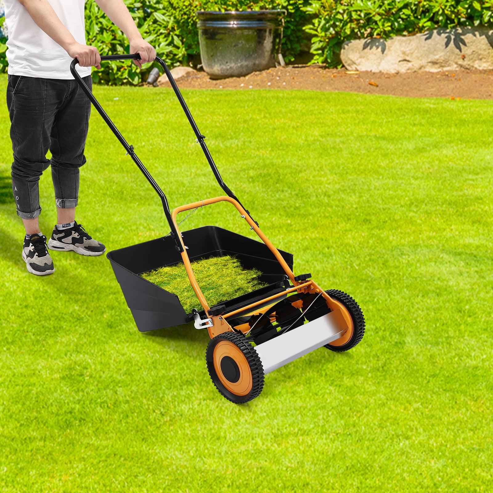 Push Reel Lawn Mower 16Inch Manual Push Mower Grass Trimmer with Grass Collecting Box Adjustable Cutting Height