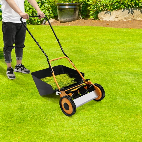 ChicHomey 16-Inch Manual Push Lawn Mower,4-Blade,Adjustable 0.47-1.65Inch Height with Grass Collection for Home/Garden/Yard Maintenance​