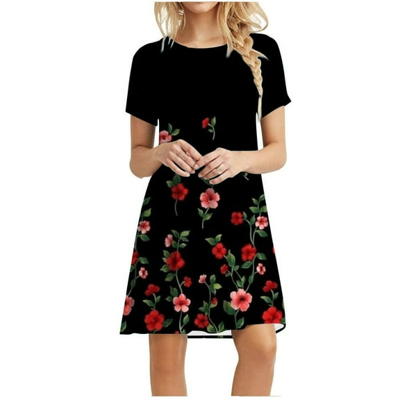 Viikei Plus Size Short Sleeve Dress for Women Loose Floral Sunflower Print Dress