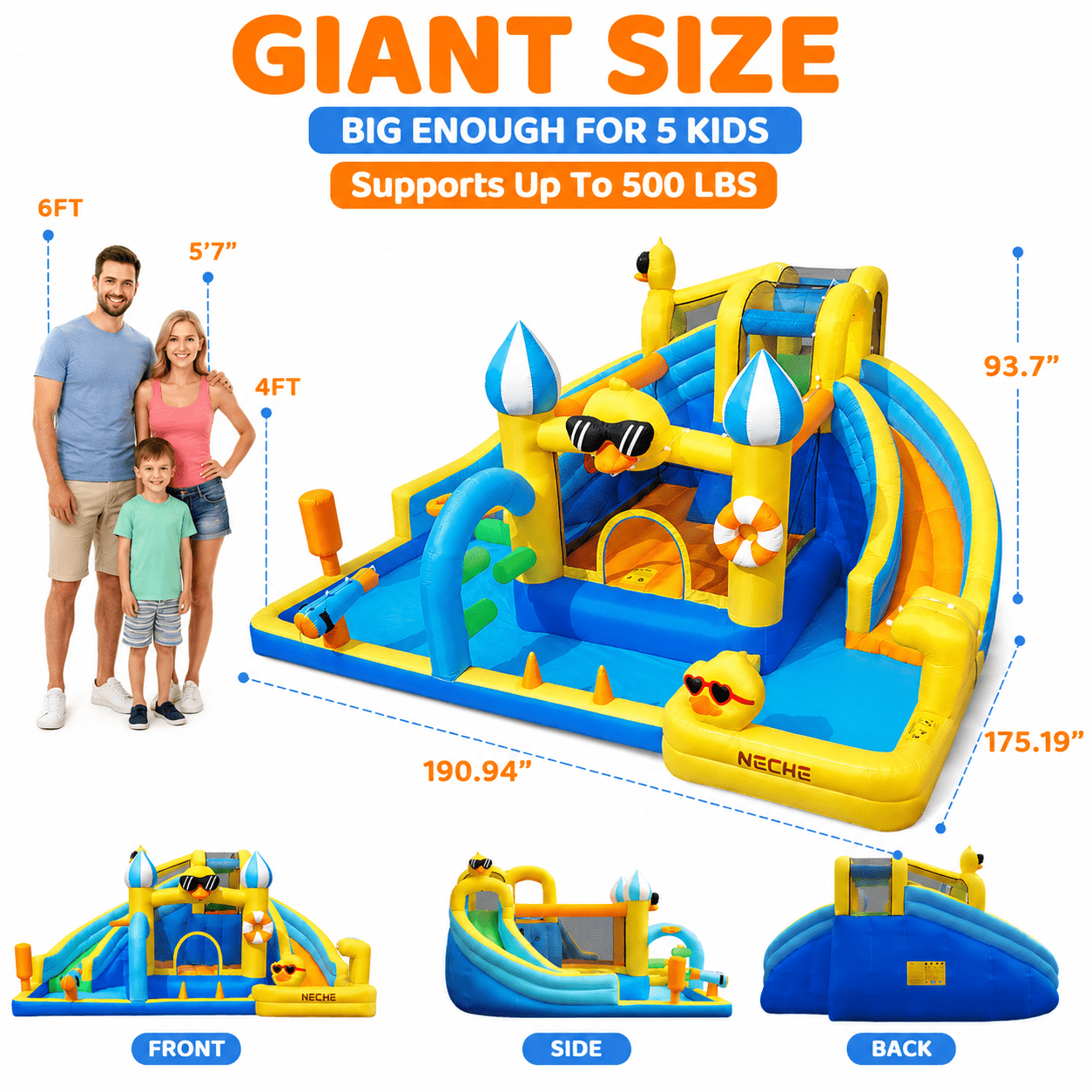 Neche 190" Large Inflatable Water Slide with Blower, Outdoor Backyard Water Park, Splash Pool, Indoor Bounce House for Kids Ages 3-8, 500lbs Weights