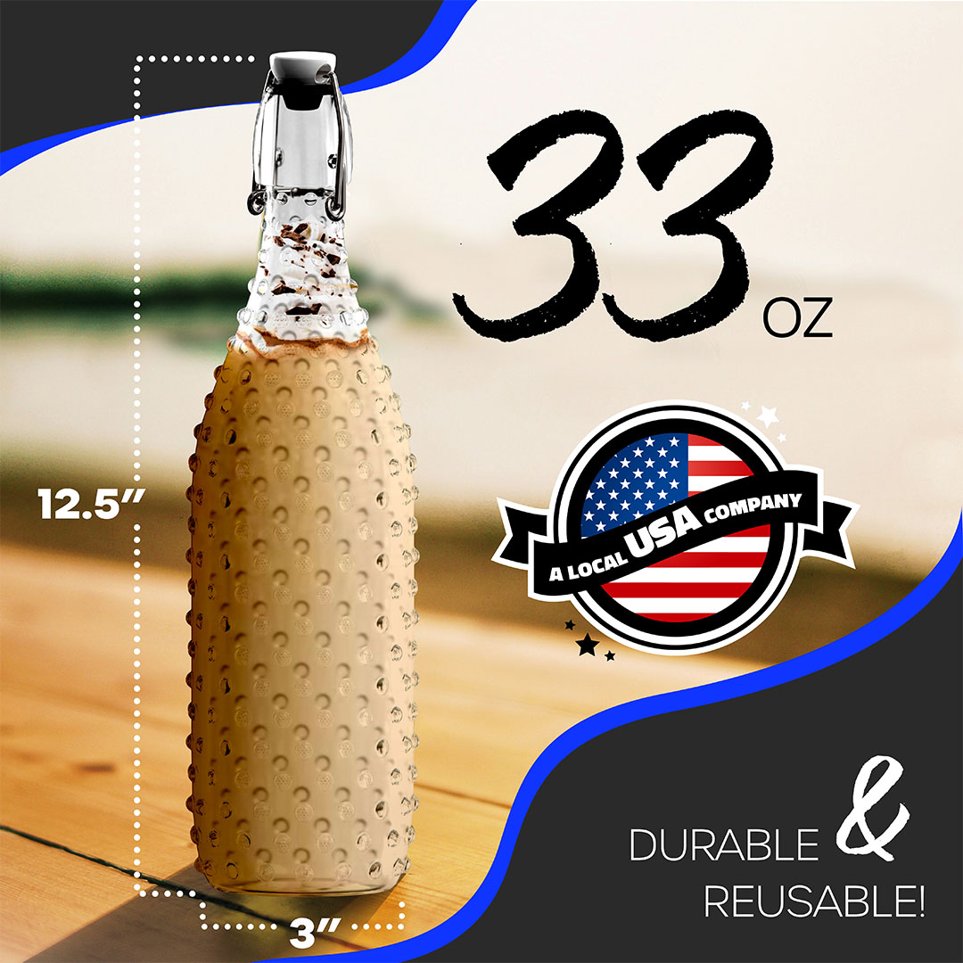 Nevlers 33 oz Dotted Swing Top Bottles (Pack of 6) | Includes Funnel, Brush, Marker, Tags and Shrink Wrap