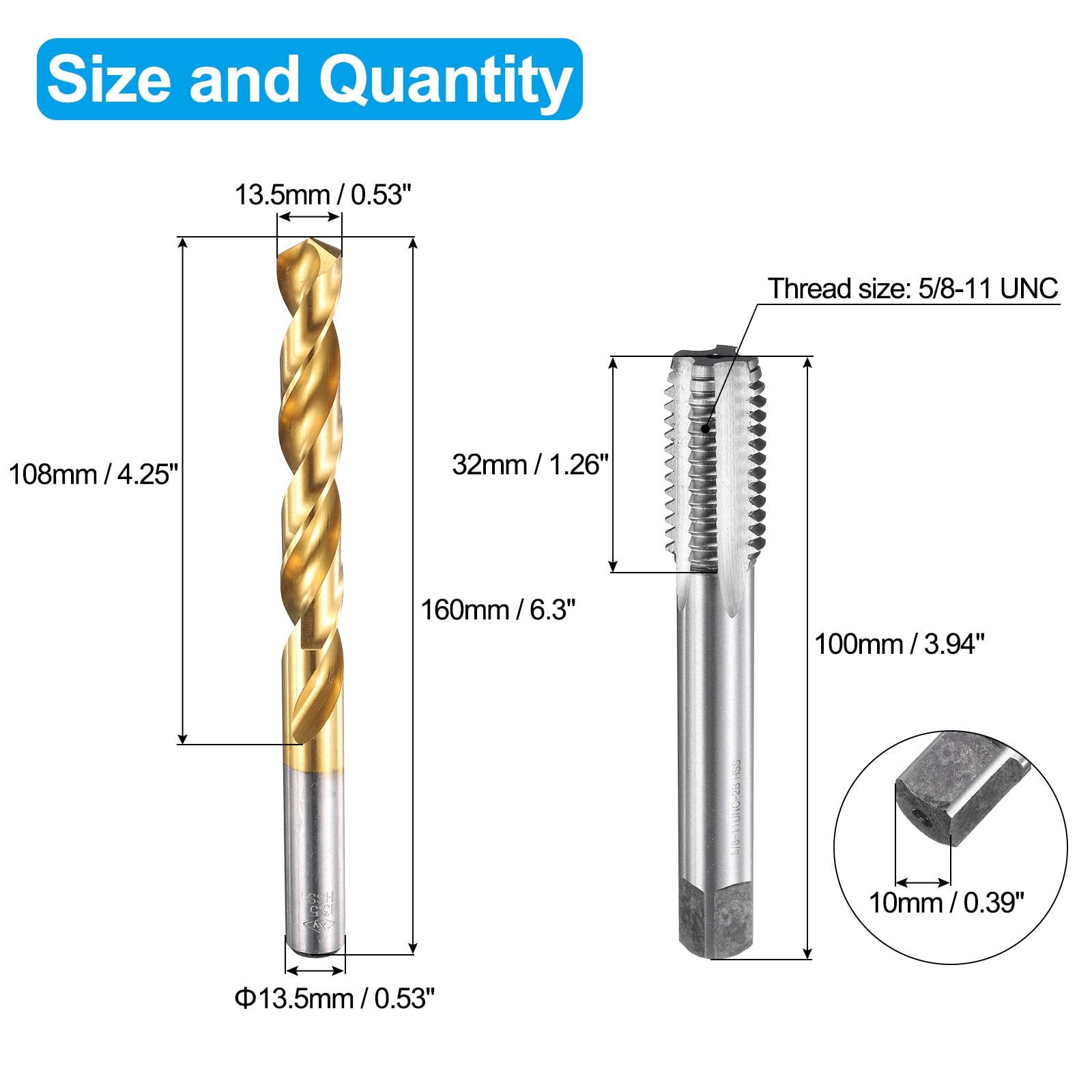 Uxcell Tap and Drill Bit Set, 1pcs 5/8-11 UNC Straight Flute Thread Screw Taps 100mm Extra Long & 1pcs 13.5mm Twist Drill Bits 160mm Extra Long, Tapping Threading Tool Kit