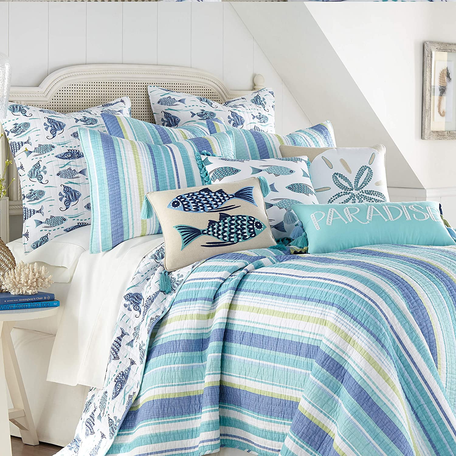 Levtex Home - Laida Beach Quilt Set - King Quilt + Two King Pillow Shams - Coastal Stripe - Green, Blue, White - Quilt Size (106x92in.) and Pillow Sham Size (36x20in. ) - Reversible - Cotton