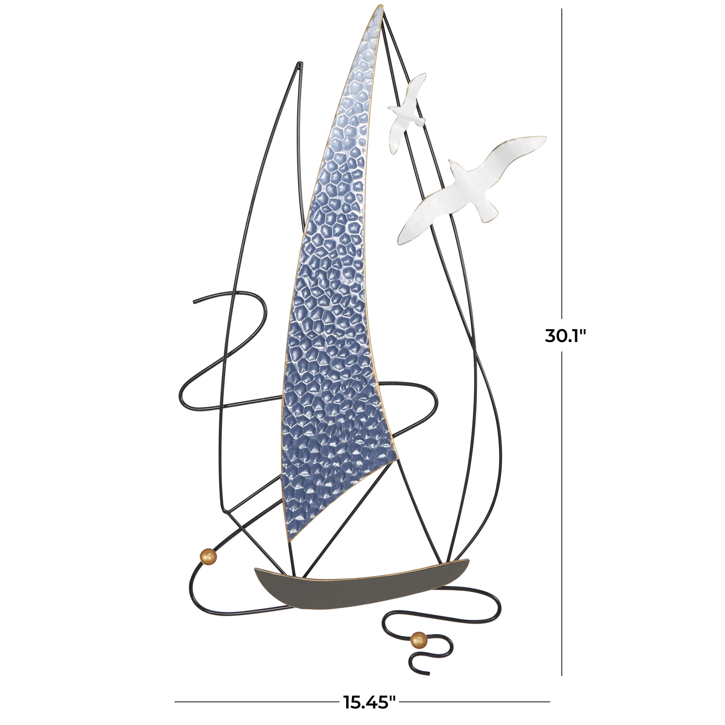DecMode Blue Metal Sail Boat Wall Decor with Black Wire Outline and White Bird Accents