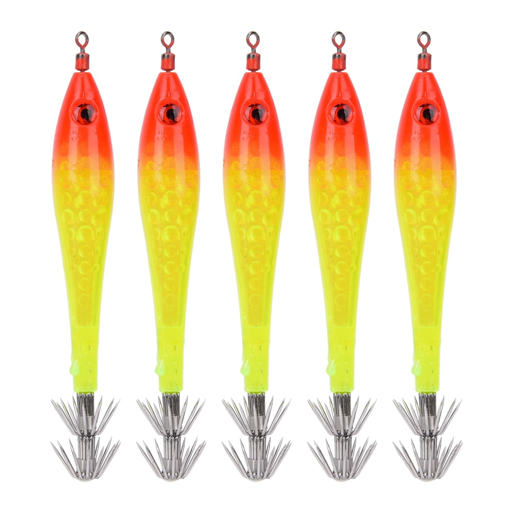 Crochets De Pêche Calmar – Lot De 5, Hameçons Lumineux En Silicone, Double Crochet, Yeux Bioniques – Pour Eau Douce Et Salée (Orange, Bleu, Vert, Jaune, Rose)