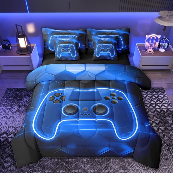 Castle Fairy Blue Video Game Twin Bedding Sets,Hexagon Gamepads Bedding Comforter Set