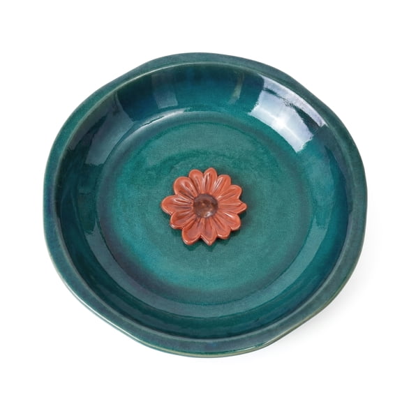 Topadorn Birdbath Ceramic Bowl Decor for Bee Bird Bath Outdoor Garden Vintage Yard,Blue with Red Flower