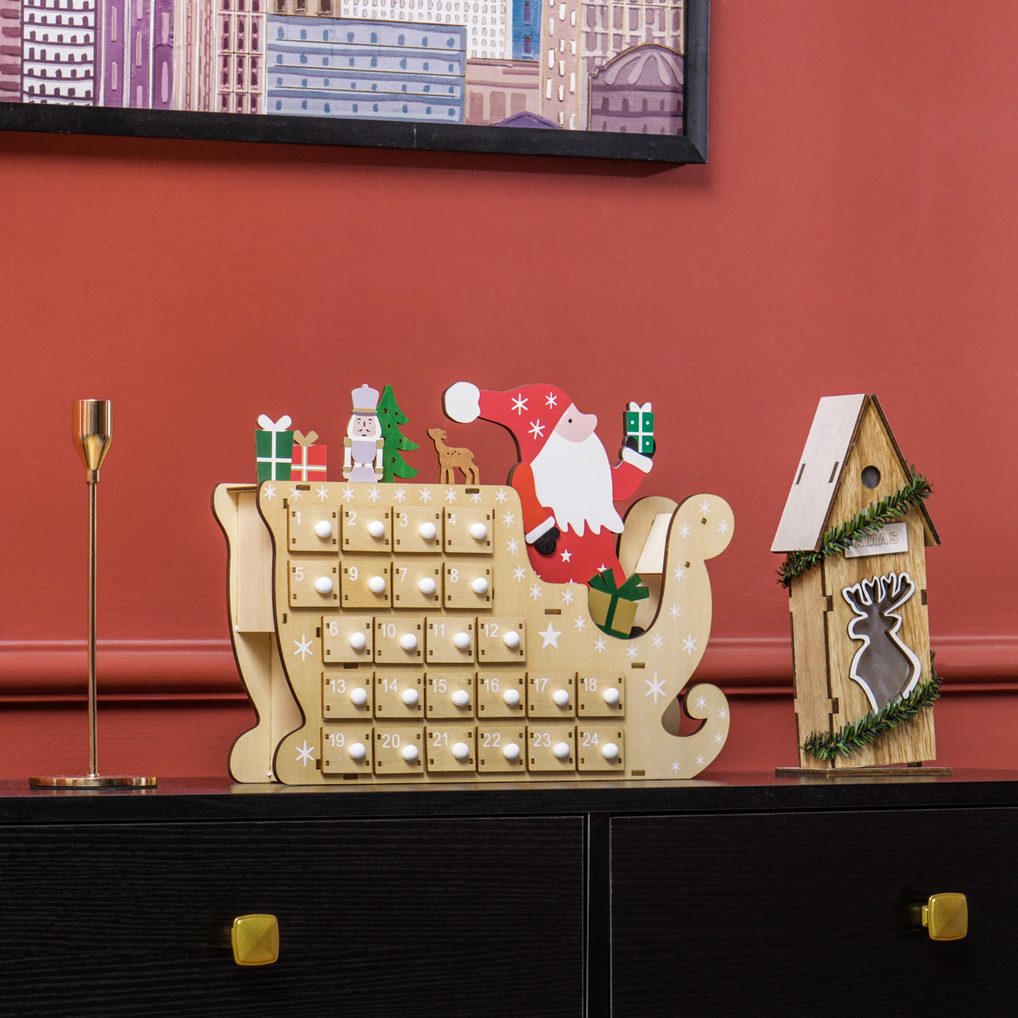 Wooden Advent Calendar Santa Sleigh Design 24 Drawers Reusable Christmas Countdown Decor