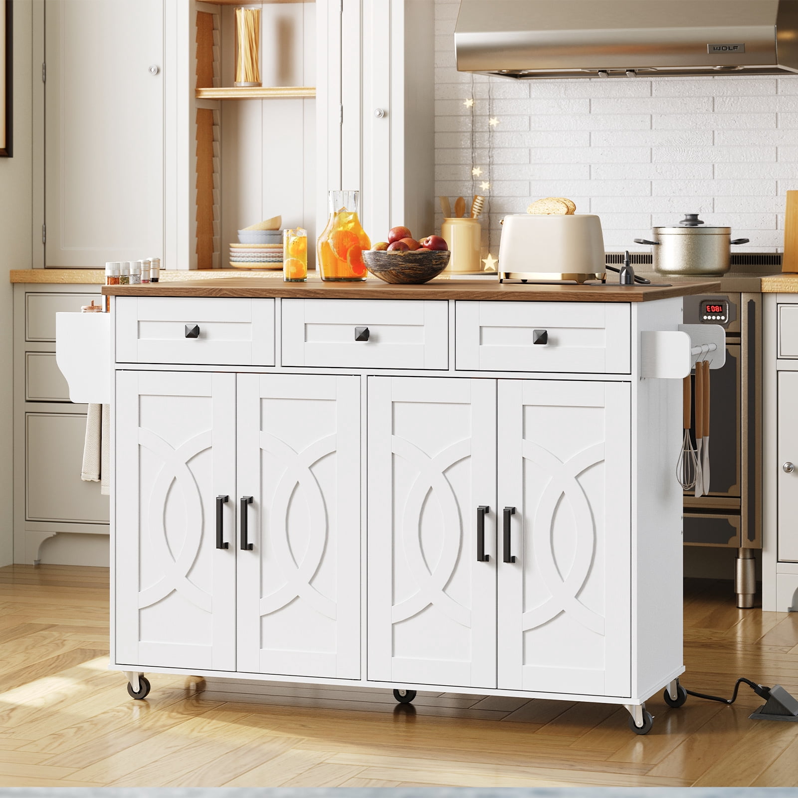 Kitchen Island with Drop Leaf, Rolling Kitchen Island with Storage and Power Outlet, Kitchen Cart with 3 Drawers and Adjustable Shelves, Towel and Spice Rack, White and Walnut