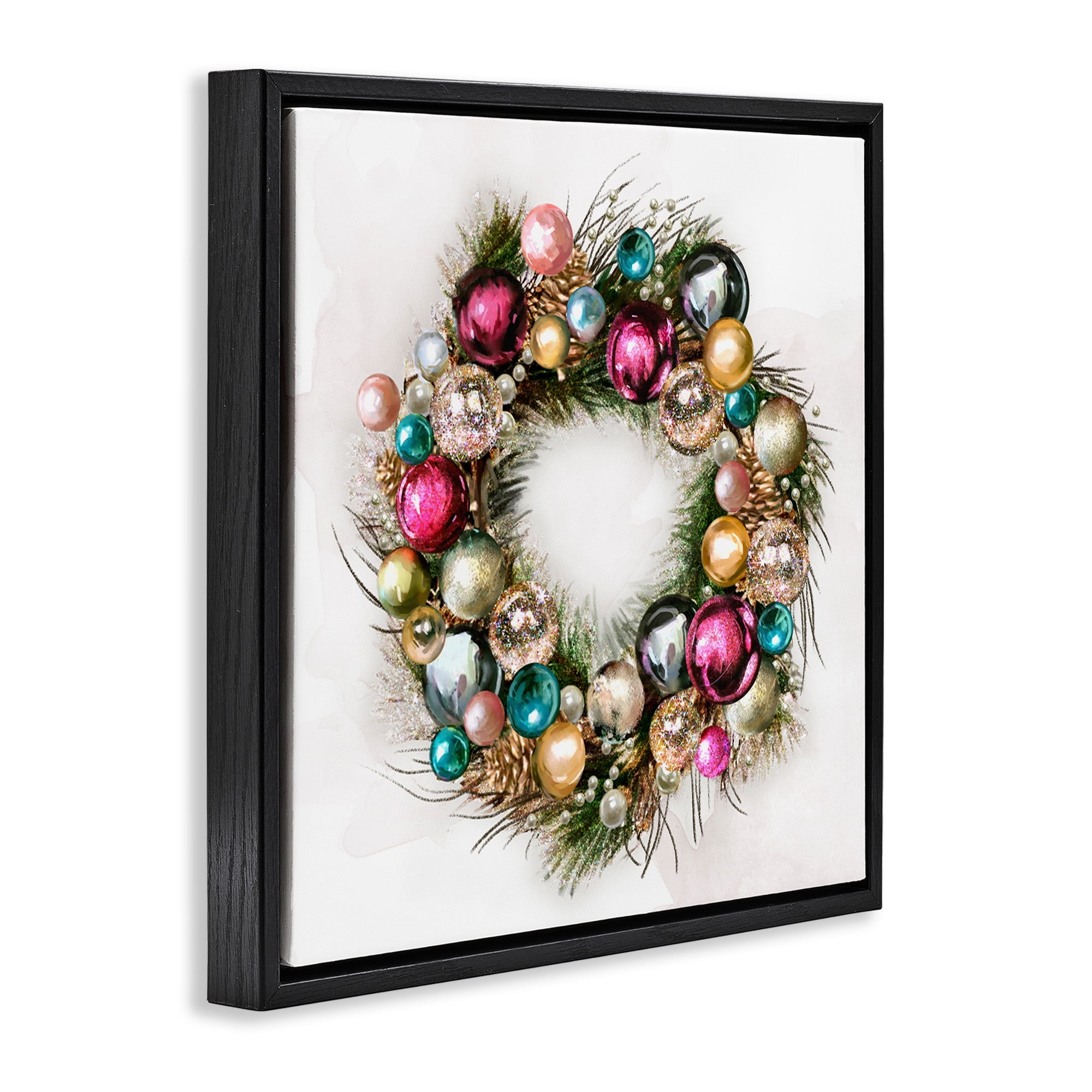 Stupell Industries Festive Ornamental Wreath Holiday Painting Black Floater Framed Canvas Art Print Wall Art, 18 x 18