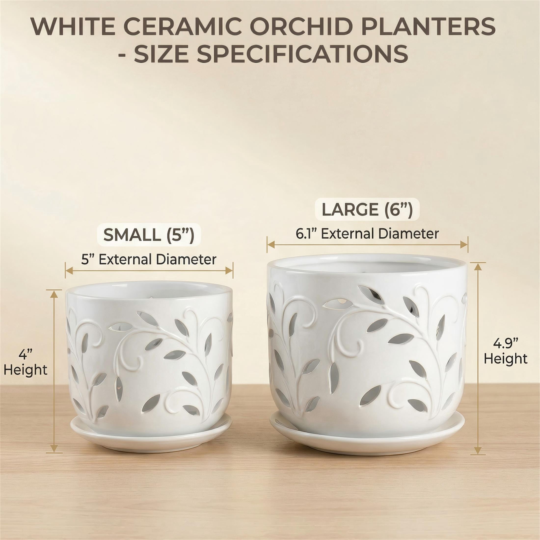 BUYMAX 5" & 6" Ceramic Orchid Pots with Holes and Trays, Leaf Lattice Alabaster White, Set of 2
