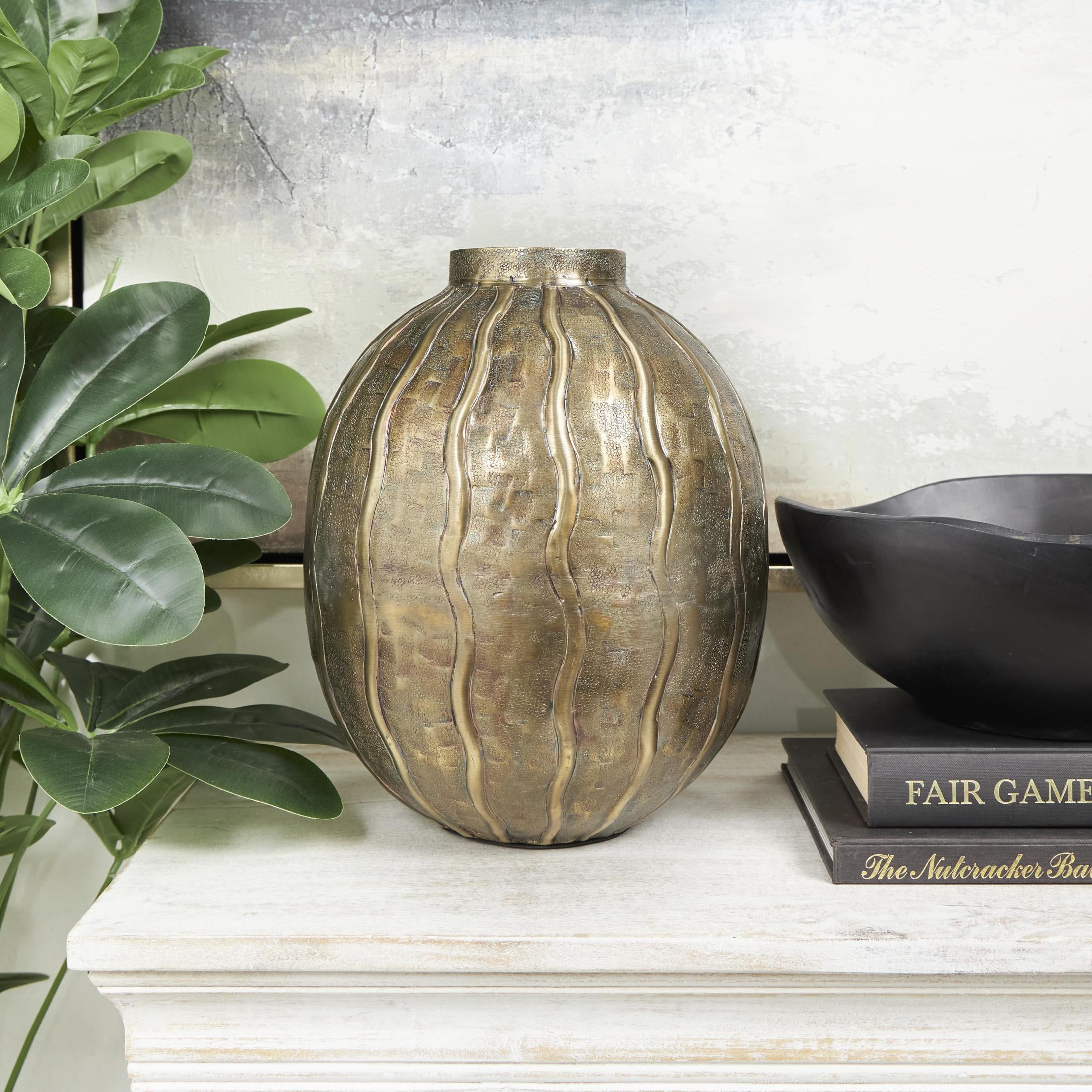 DecMode 12" Snakeskin Inspired Brass Metal Vase with Dimensional Wavy Accents