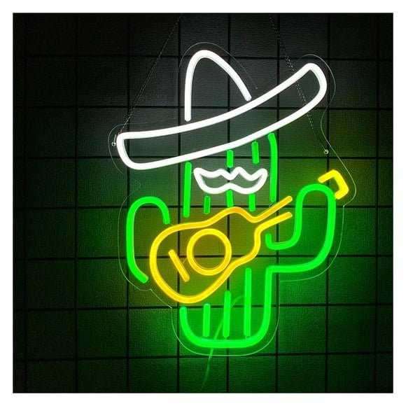 Panneau Néon Cactus, Chapeau de Cowboy Guitare Led Néon pour Chambre Bar Salle de Jeux Décoration Murale 41cm32.8cm