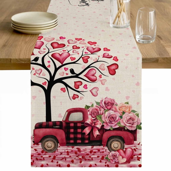 Valentine's Day Table Runner - 48 Inch Long Love Tree Branches Truck Roses Beige Cotton and Linen Blended Dress Scarves Farmhouse Table Runner for Kitchen Dining, Coffee Table, 13" x 48"