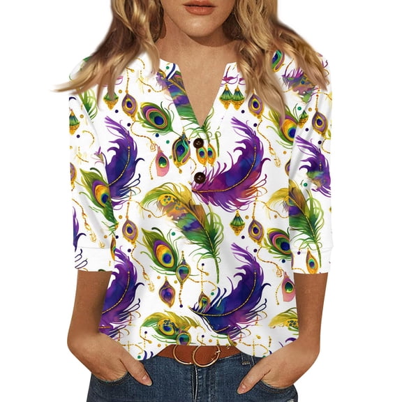 LNZGNM Mardi Gras Womens Shirt Mask Printed Button Down Soft Tees Carnival Rave 3/4 Sleeve Top Funny Loose Outfit for Party, Purple, L