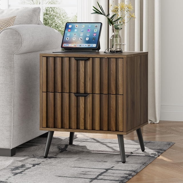 Semiocthome Modern Nightstand with 2 Drawers, Bedside Table with Fluted Drawers, Bedroom, Walnut