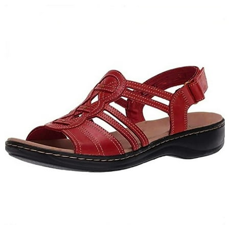

KBODIU Womens Sandals Mothers Day Gifts Slope Heel Comfortable Round Toe Buckle Causal Flat Sandals for Women Dressy Summer Red 39