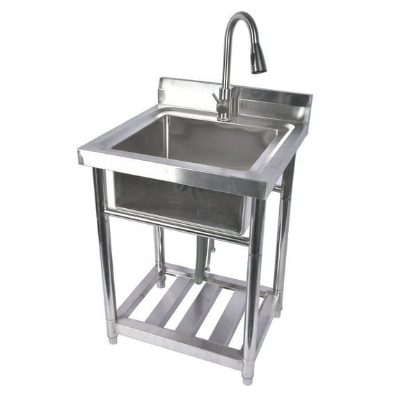 NEWZQ Stainless Steel Kitchen Sink Commercial Freestanding Utility Sink Hot and Cold Water Pipe Single Sink with Pull-out Faucet (23.6" * 23.6")
