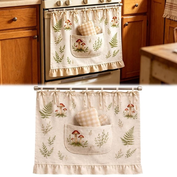 Oven Skirt Curtain with Pockets, Handmade Modern Farmhouse Kitchen Decor, Ribbon Ties Tabs Ruffled Trim for Dishwasher, Washing Machine, Range Clutter Cover