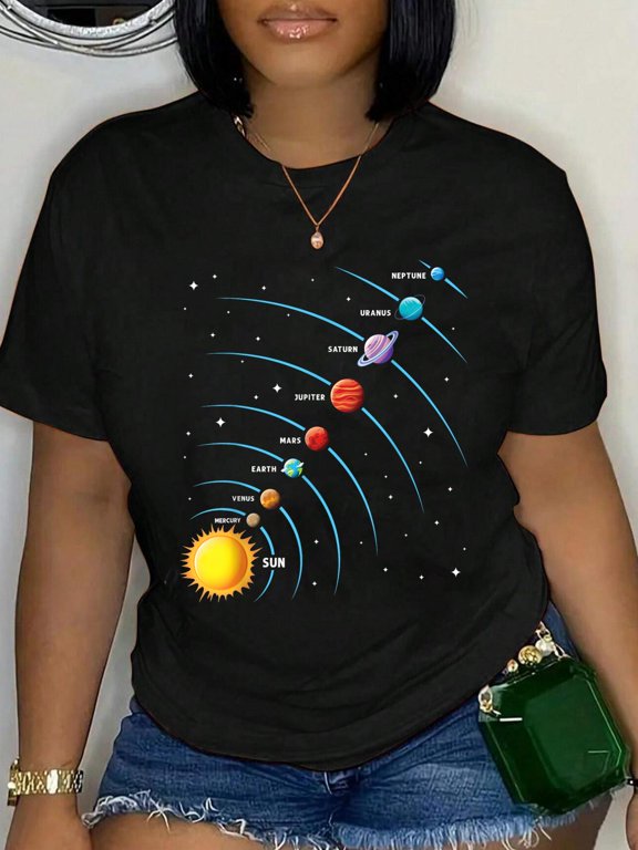Solar System Colorful Space Planets Educational T-Shirt Graphic Tee summer Tops For Women Round Neck Fashion Cotton shirts