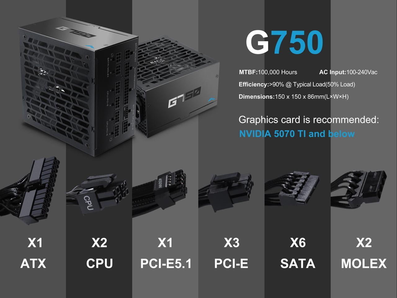 SAMA G750W ATX 3.1 Power Supply, 750W, Cybenetics Gold Standards, PCIe 5.1 Ready, Full Modular, Japanese Capacitors, FDB Fan, Black Version