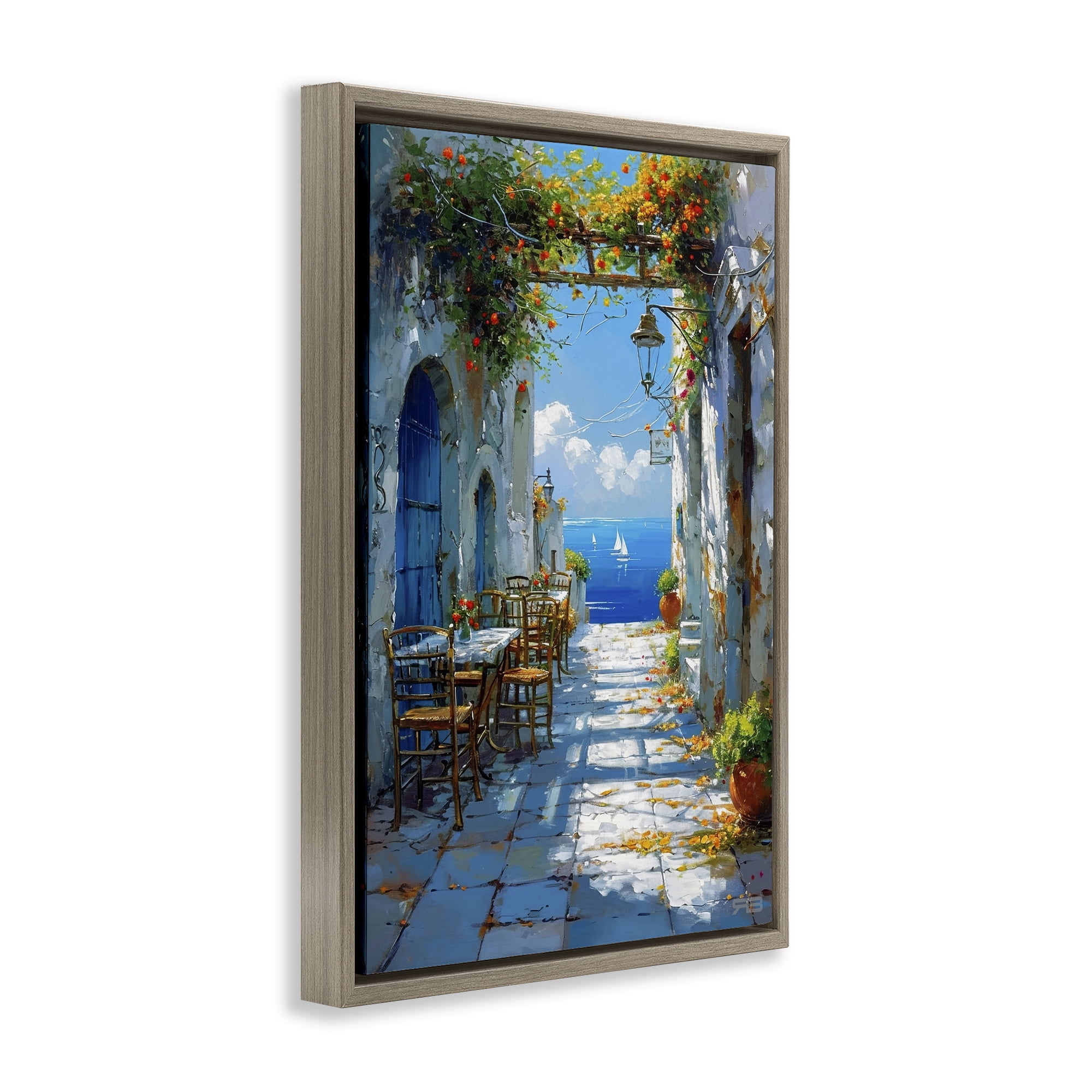 Stupell Industries Quaint Alley by Sea Cities & Countries Painting Brown Floater Framed Canvas Art Print Wall Art, 17 x 25