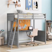 Bellemave Twin size Loft Bed with Desk and Writing Board, Wooden Twin Loft Bed Frame for Kids’ Students, Teens Space-Saving Loft Bed with Ladder, Guardrails, No Box Spring Needed, Gray
