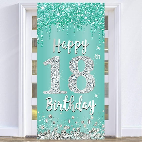 Teal Silver 18th Birthday Decorations Door Banner for Girls, Breakfast Blue Happy 18 Cover Backdrop Party Supplies, Eighteen Year Old Photo Booth Background Decor Outdoor Indoor