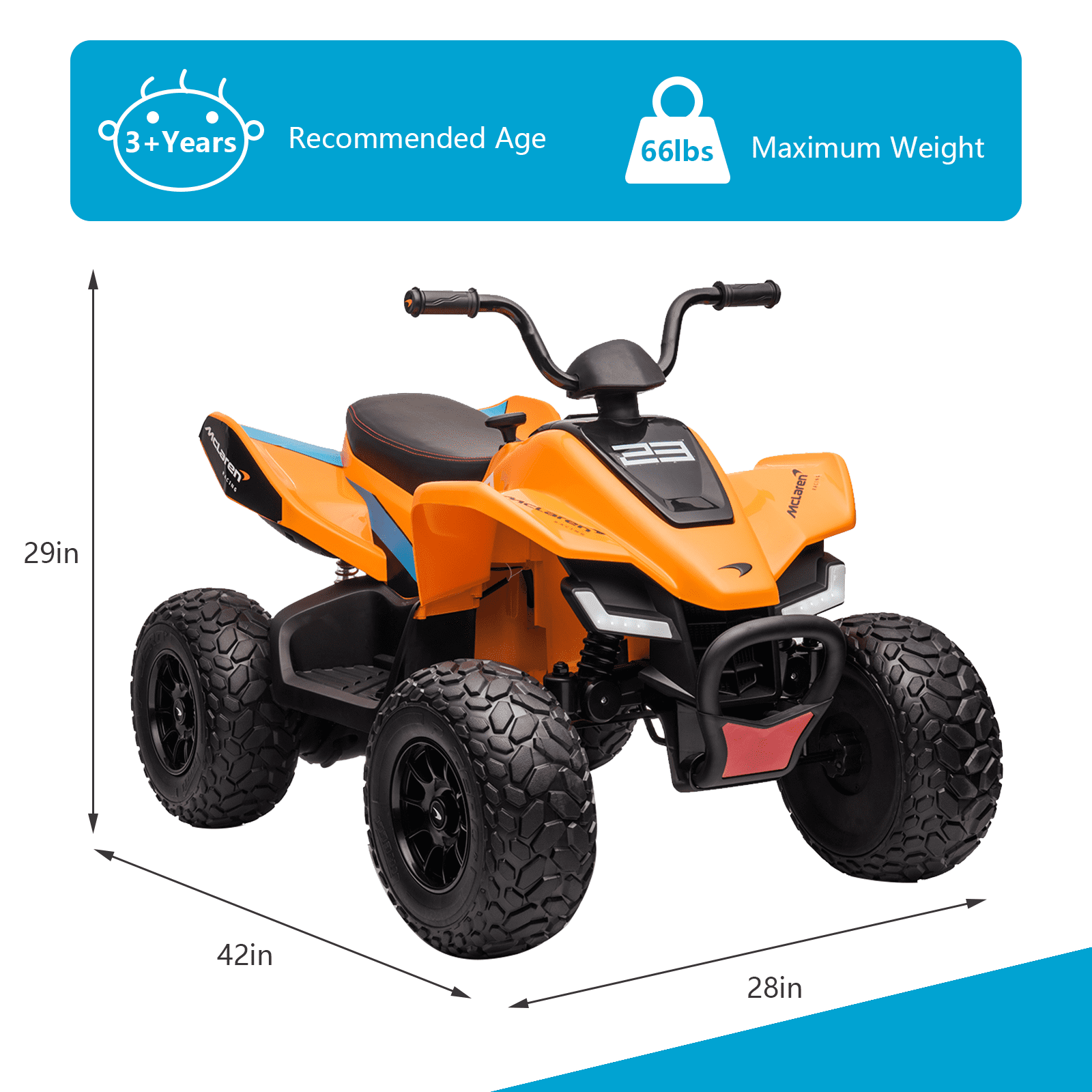 24V Battery Powered, 4-Wheeler Quad Car Toy ATV for 3-8yrs, Electric Off-Road Car with 2 Speeds, LED Lights, Bluetooth, MP3