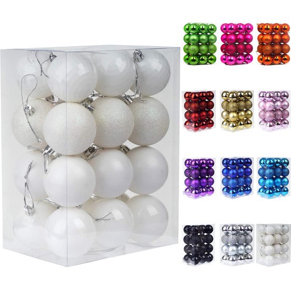 Emopeak 24Pcs Christmas Balls Ornaments for Xmas Christmas Tree - 4 Style Shatterproof Christmas Tree Decorations Hanging Ball for Holiday Wedding Party Decoration (White, 2.4""/6.2CM)
